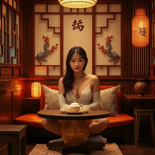 一间舒适雅致的茶室，光线柔和，角落里摆放着茶具