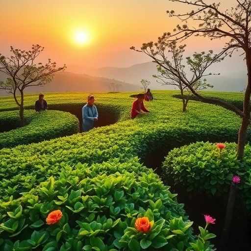 广州茶园清晨采茶景象