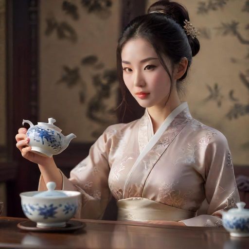 茶艺师表演工夫茶,茶具摆放整齐,动作优雅