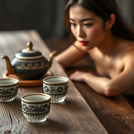 一套精致的茶具在柔和的光线下，摆放在木质桌面上