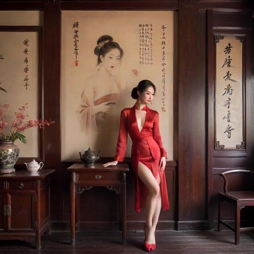 传统茶楼内的红木家具,书法点缀,尽显雅致