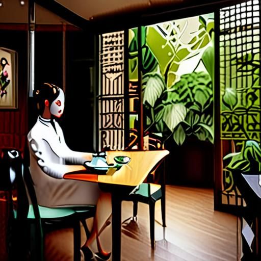 茶馆内的木质茶桌,绿植环绕,氛围温馨