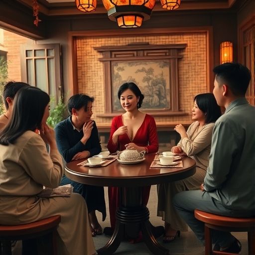 好友围桌品茶的欢乐场景