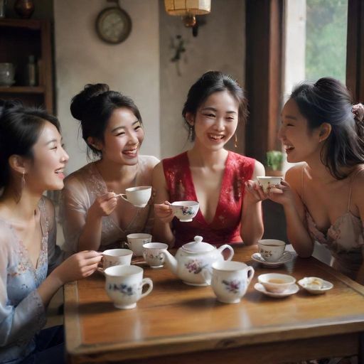 朋友们围坐茶桌,边喝茶边聊天的欢乐画面