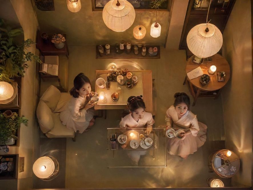 雅致的茶室，光线柔和，营造出私密宁静的氛围