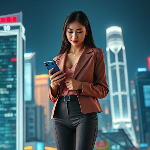 在佛山夜景下，手持手机查看休闲娱乐信息