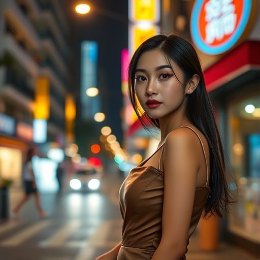 广州夜晚街头一角,远处建筑灯光模糊,暗示着休闲场所