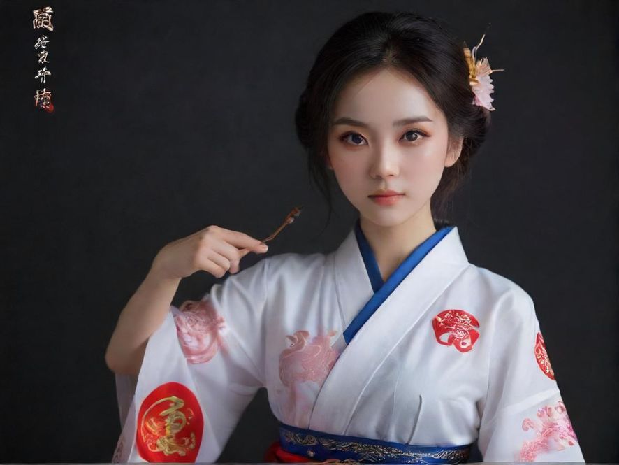 一个穿着精致Cosplay服装的角色，面部有柔和光影，背景模糊，营造出梦幻和神秘感。