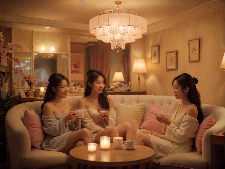 一个充满温馨氛围的茶室内部,灯光柔和,环境雅致