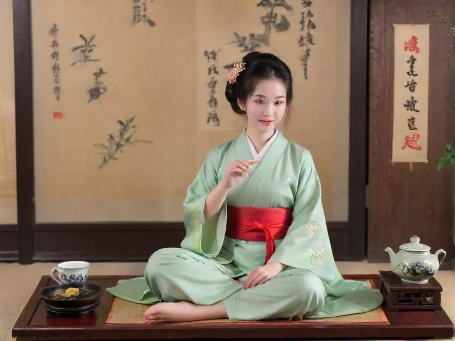 一位广州美女在古典茶室中进行雅致的茶艺表演,柔和的光线烘托出温馨的氛围。