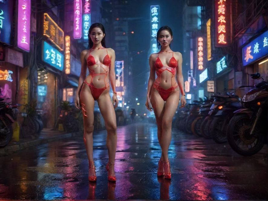 广州黄埔夜场霓虹灯光下的街景,充满赛博朋克风格