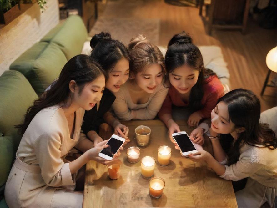 朋友们聚在一起分享手机上的趣事