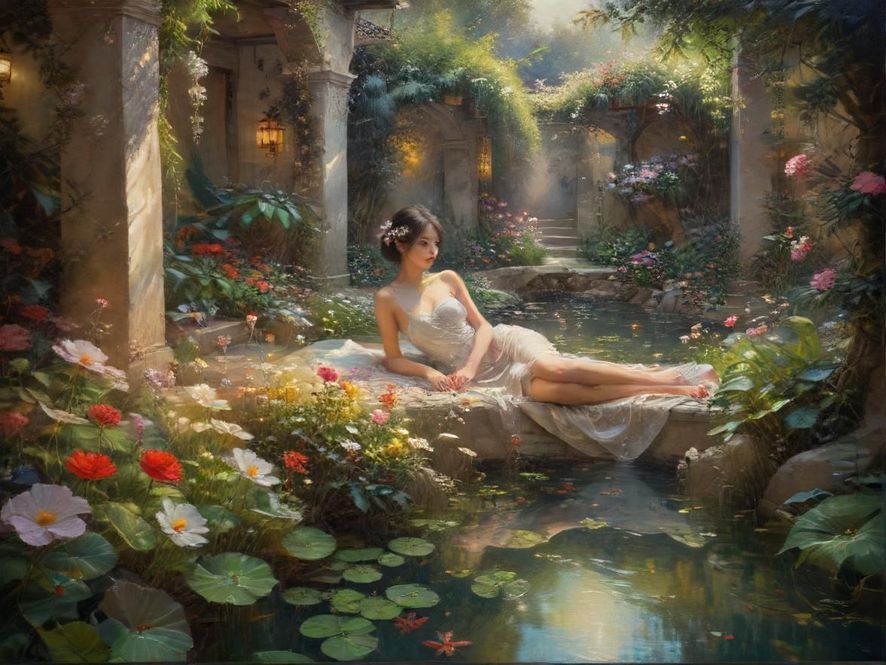 一位女士在花海中享受宁静时光