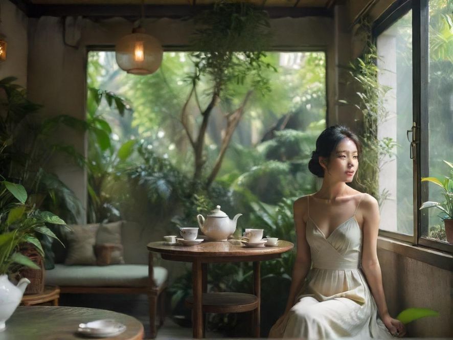 一品香52qm百花园内充满治愈感的室内花园茶室，光影交错，营造出极致静谧的放松氛围。