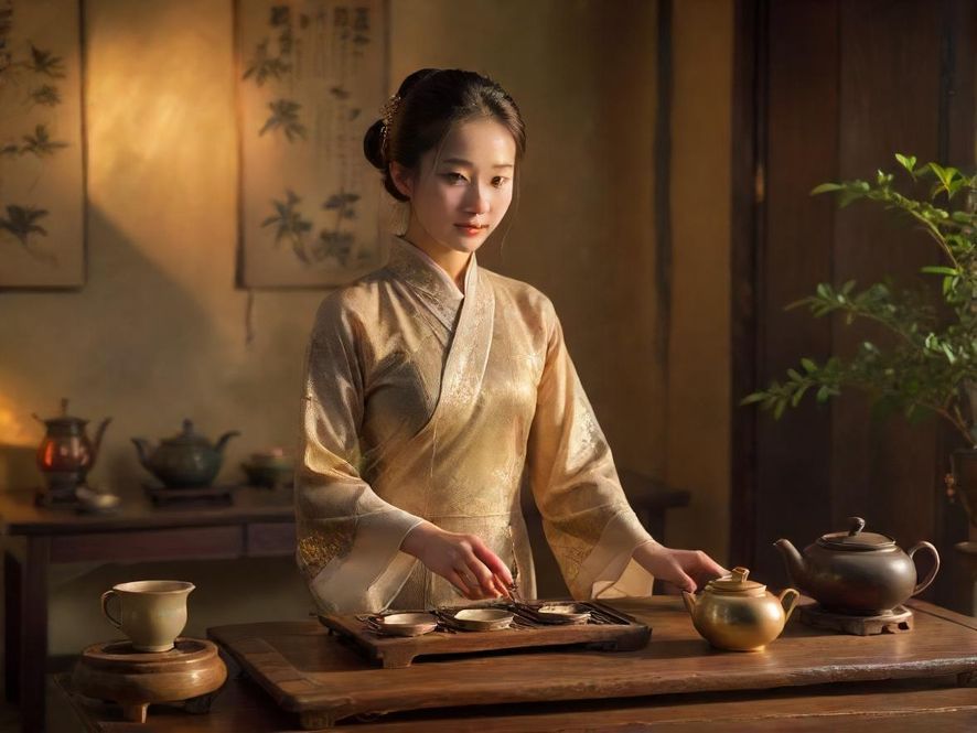 茶艺师在优雅环境中泡茶