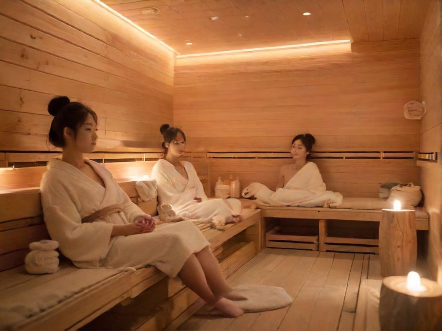 南山桑拿房内部，柔和灯光营造出极致放松氛围