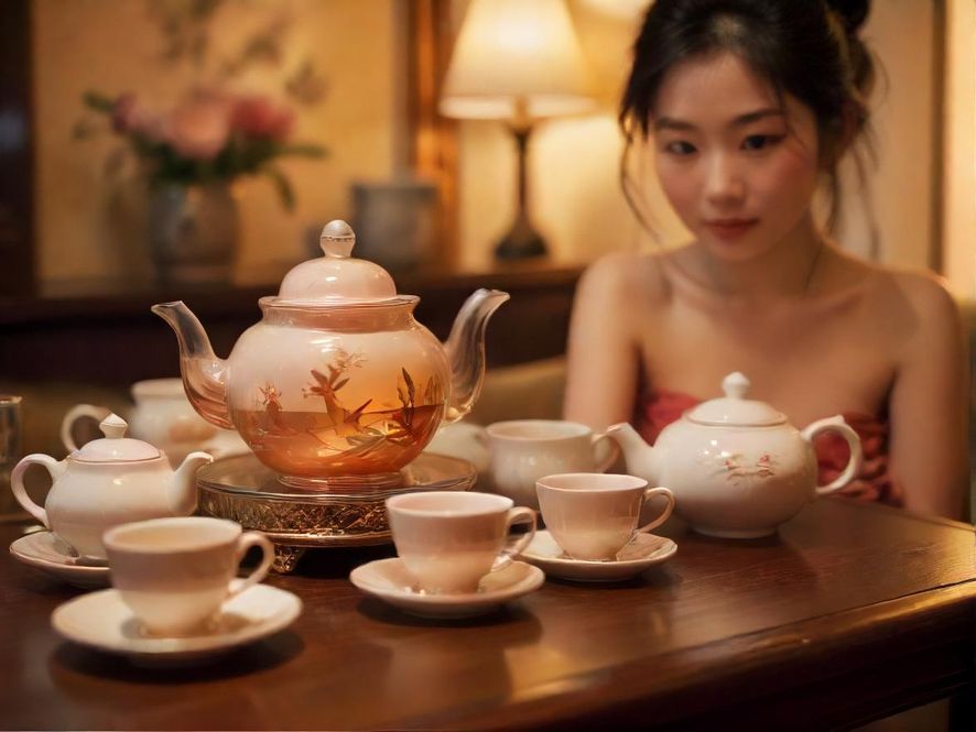 一套精美的紫砂壶和茶杯，在柔和的灯光下散发着温暖的光泽，背景是布置雅致的私人茶室。