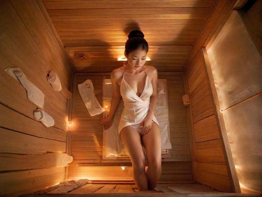 一个温馨舒适的私人桑拿房，灯光柔和，环境私密