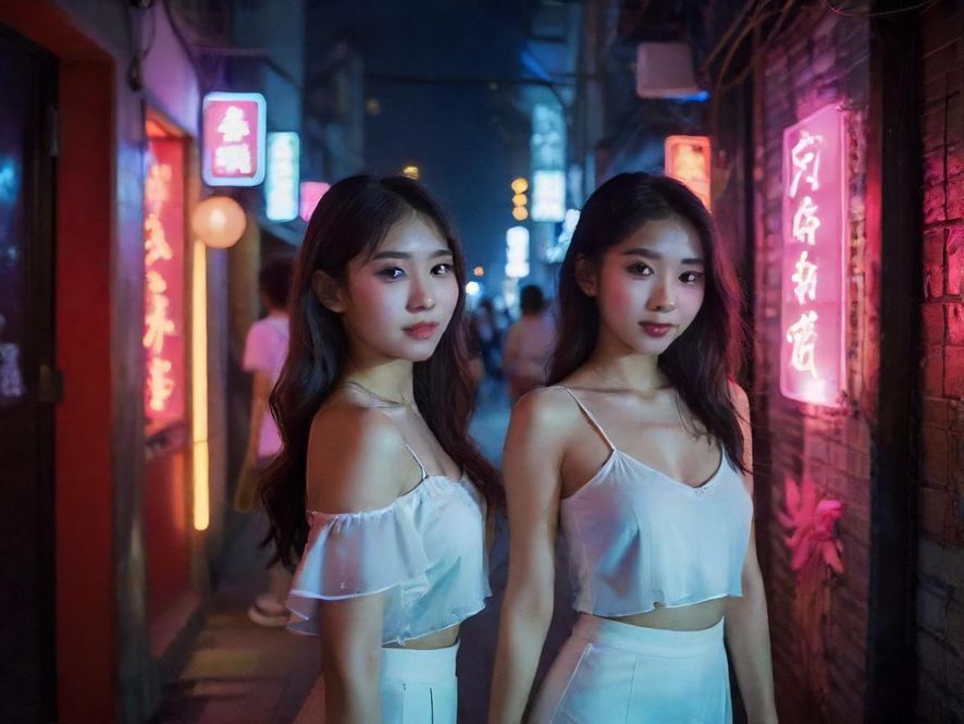 广州海珠区夜晚的街道，霓虹闪烁，充满都市休闲的氛围。