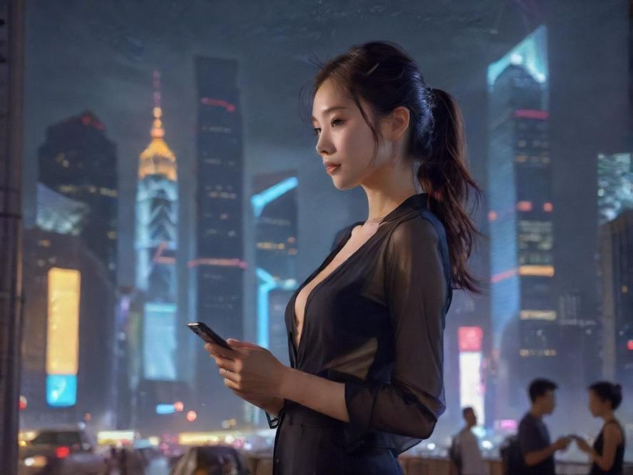 一个男子在夜晚的城市背景下侧身看着手机屏幕，屏幕上显示着一个聊天群界面。