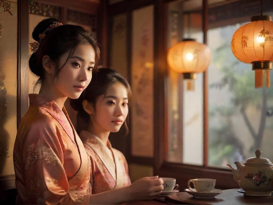 中式茶馆内景，雅致的品茗空间，柔和的光线透过窗棂，局部特写展现传统古典韵味，营造出宁静放松的氛围。