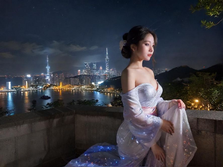 一位体验完放松服务的人，脸上带着惬意的微笑，背景是模糊的广州夜景，暗示着心情的愉悦。