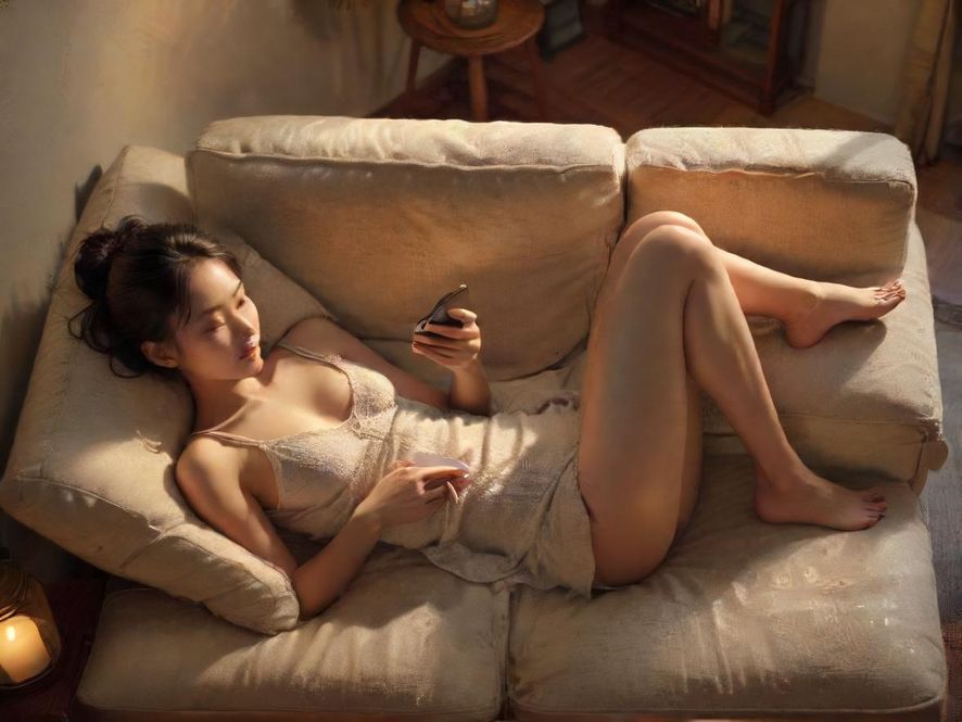 一位男士坐在舒适的沙发上，低头认真查看手机屏幕上的信息，背景是温馨的室内环境。