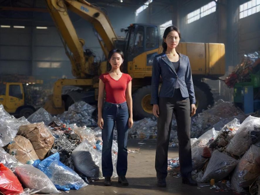 忙碌的回收站里，一台大型金属压块机正在工作