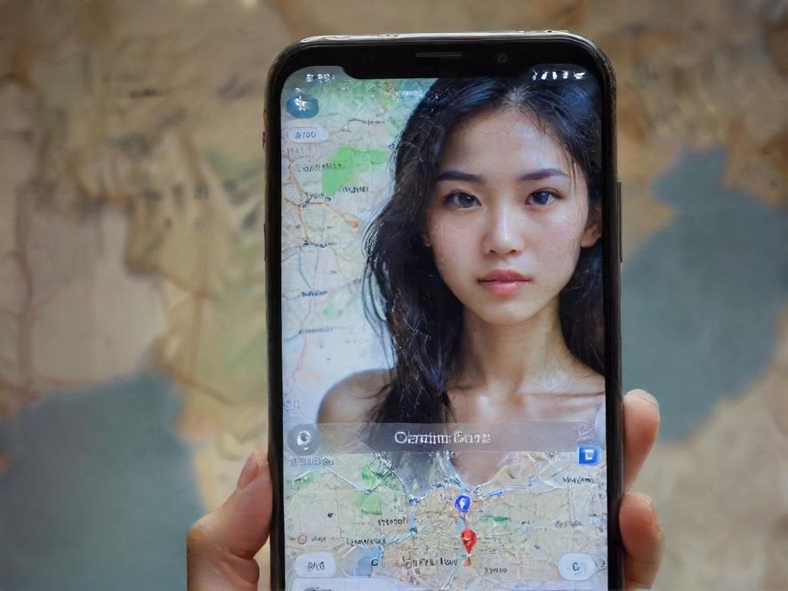 手机屏幕显示搜索界面，背景是模糊的广州地图