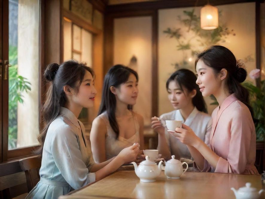 两位女士在雅致的茶馆中，面对面坐着，轻声交谈，茶具摆放整齐，光线柔和而温馨。
