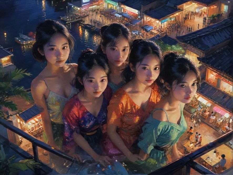 都市夜景下,人们在不同休闲场所享受生活,充满活力与放松的氛围