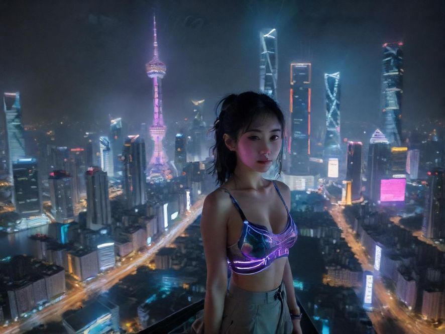 广州夜景，霓虹闪烁的繁华都市，俯瞰视角下的赛博朋克风情，暗示着都市中的隐秘乐趣。