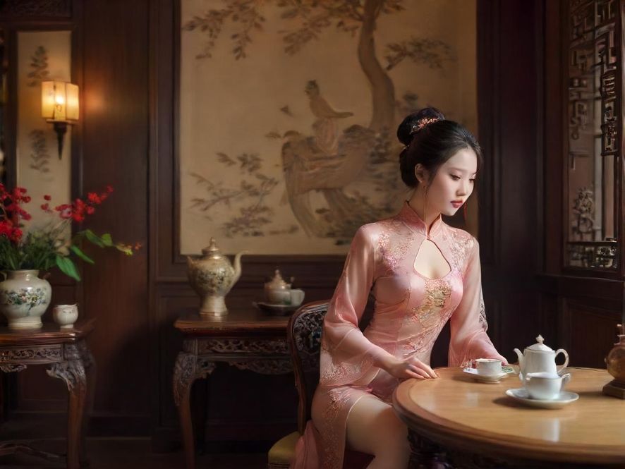 成都私密茶室的内部景象，透露着奢华与雅致，融合了传统中式设计风格。