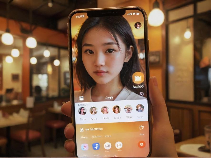 一部智能手机屏幕上显示着一个社交应用的界面，背景是温馨的咖啡馆，暗示着通过App连接社区与休闲。