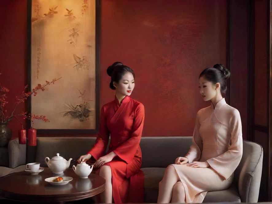 高端品茶会所的局部特写，光线柔和，风格现代简约。