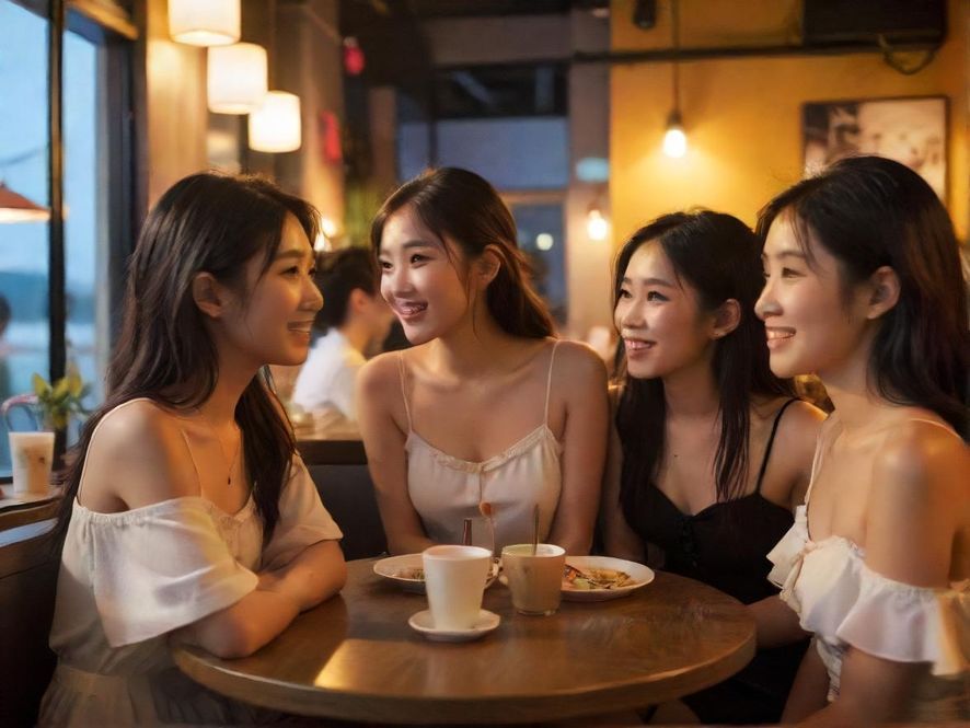 一群年轻人在现代风格的茶馆内,轻松愉悦地交谈,享受下午茶时光