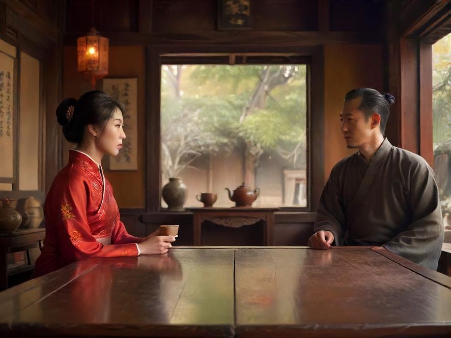 两个男人在茶馆低声交流