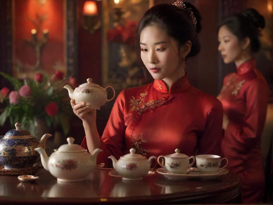 一张图片展示了高端会所包间内精美的茶具,暗示“品茶”的休闲体验。