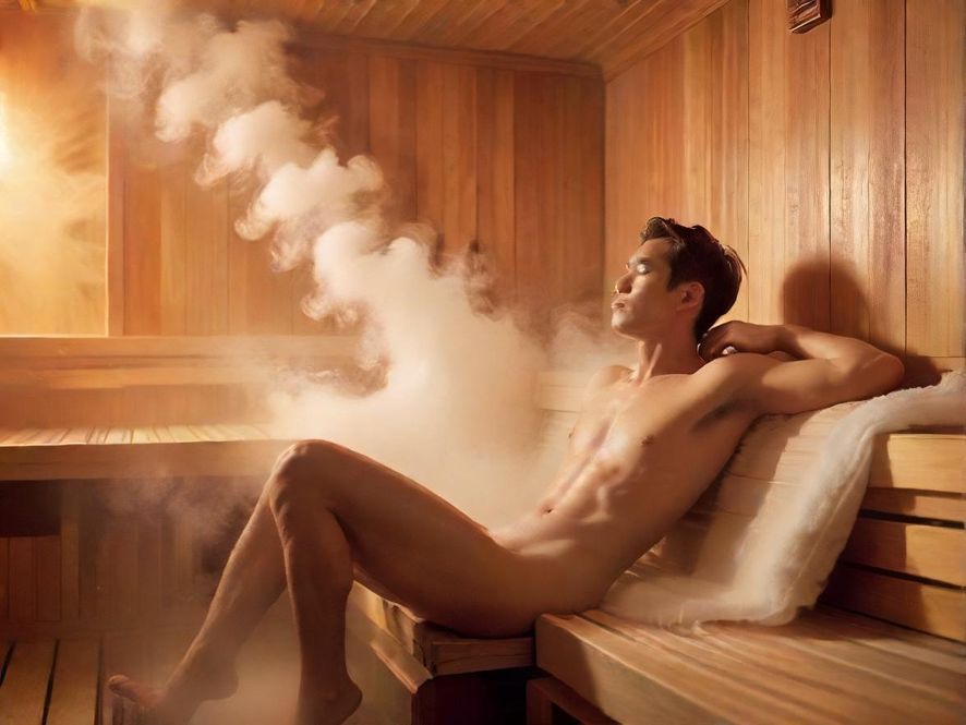 在桑拿房内放松身心的男士
