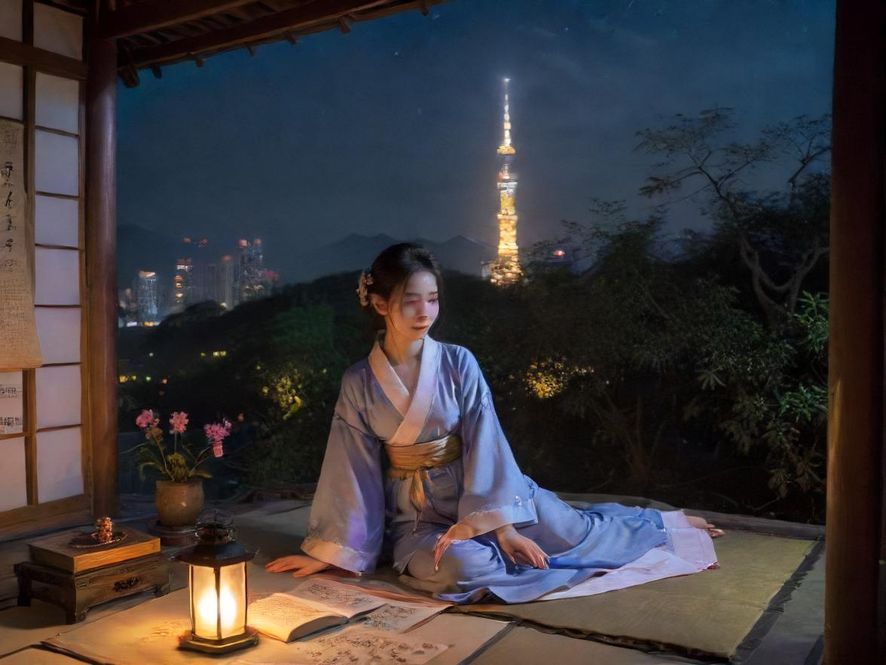 一位时尚靓丽的现代美女在现代风格休闲会所内,正面特写,电影感的柔和光线勾勒出她的轮廓,背景是朦胧的城市夜景。