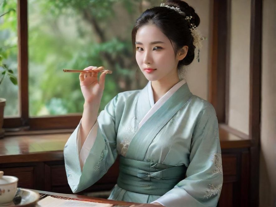 广州雅致茶室中,一位美女在品茗,光线柔和,氛围温馨。