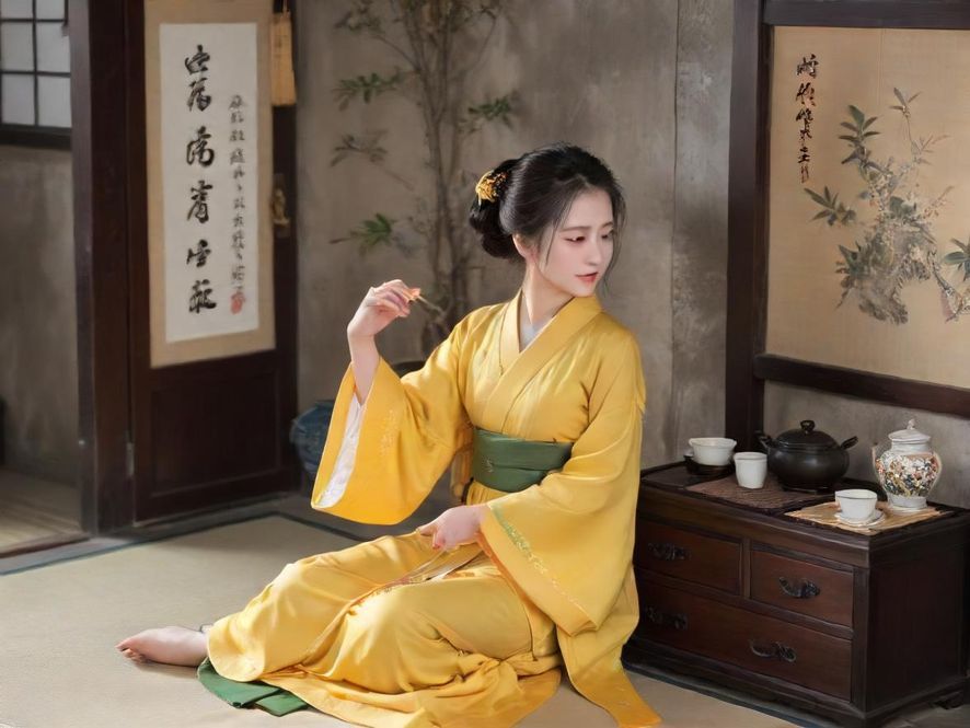 一位身着旗袍的古典美女在雅致的茶室中沏茶,侧面构图,昏黄的灯光营造出温馨宁静的氛围,背景是传统的木质家具。