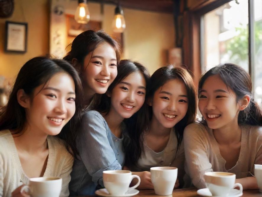 一群年轻人在阳光明媚的咖啡馆里,围坐在一起,开心地交流着,脸上洋溢着轻松愉快的笑容。