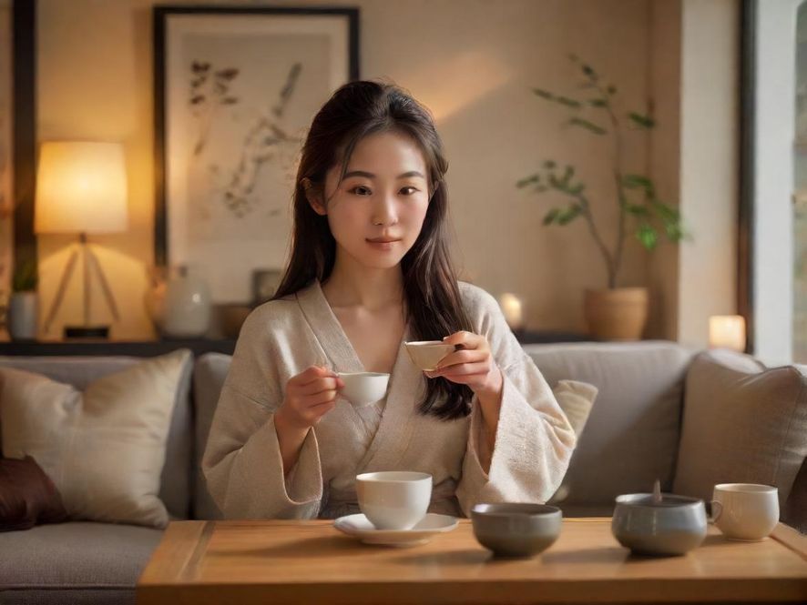 广州喝茶体验场景轻松宅家品茶写实照片客厅环境