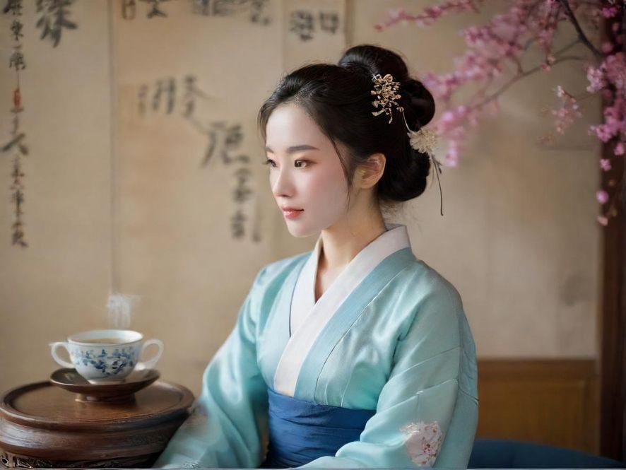 一位气质优雅的女士,在柔和的灯光下,轻啜着一杯香茗,眼神中透露出享受与满足。