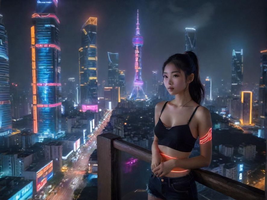 广州齐富路夜景，霓虹闪烁，车水马龙