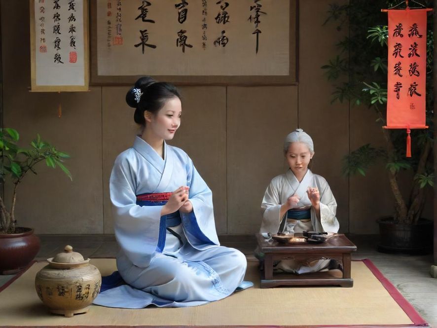 在广州传统园林中，一位身着华服的茶艺师正进行着一场华丽精致的茶艺表演，以仰视构图展现出梦幻般的意境，背景是古朴典雅的传统园林。