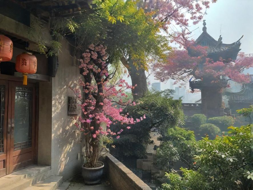 夕阳余晖洒落在城市天际线上,一个宁静的屋顶花园中,有人在享受片刻的宁静与放松。