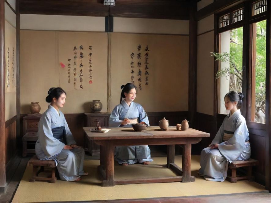 一群面带笑容的年轻人在一个现代简约风格的茶室里轻松交谈，氛围温馨和谐