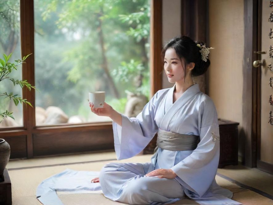 一位气质优雅的女士在深圳高端茶室中品茗，侧面特写，光线柔和，营造出宁静唯美的意境。